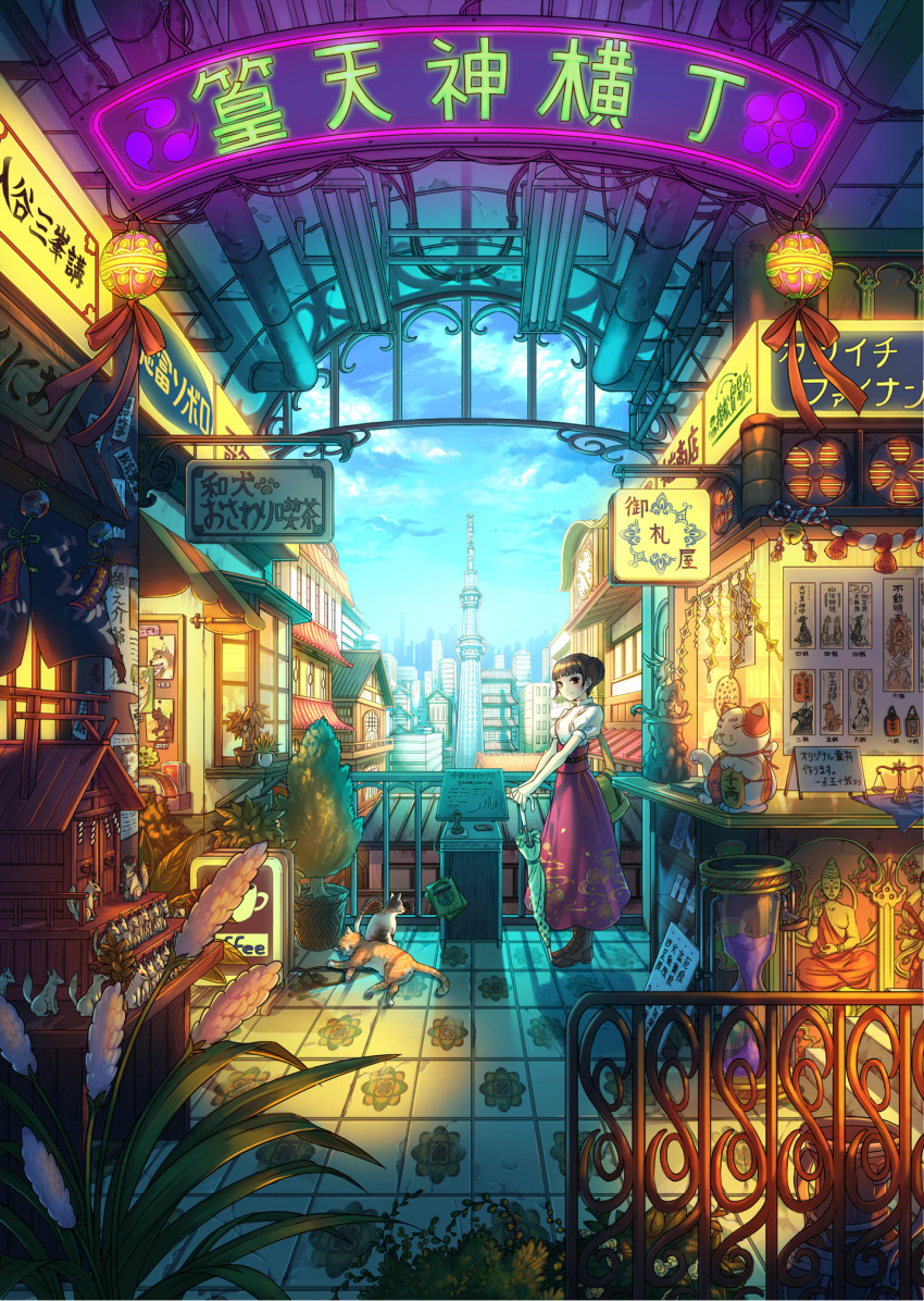 1girl, asano_shiki, bag, boots, brown_eyes, brown_hair, cat, clouds, dog, east_asian_architecture, fence, hair_bun, highres, hourglass, maneki-neko, original, plant, potted_plant, scales, shrine, sign, skirt, sky, solo, tile_floor, tiles, torii, umbrella