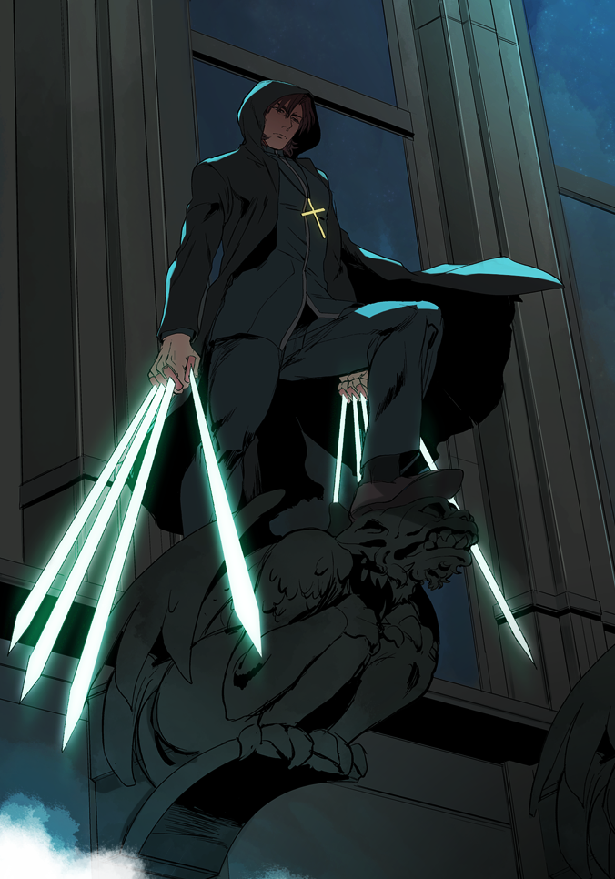 1boy, between_fingers, black_keys, brown_hair, cloak, cross, cross_necklace, fate/zero