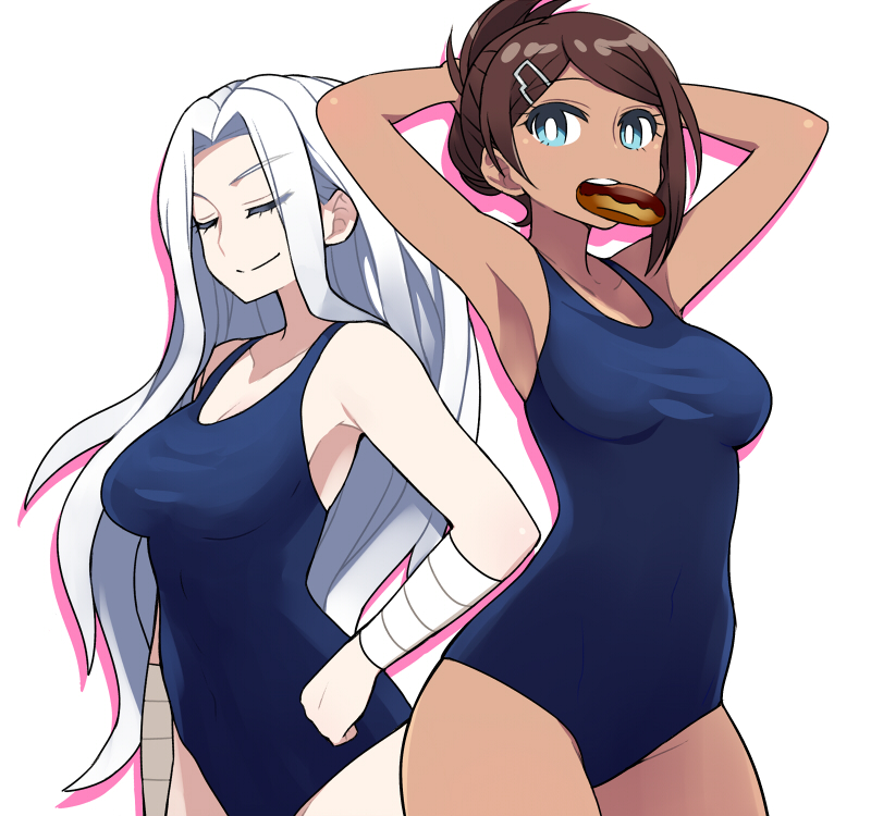 2girls, armpits, arms_up, asahina_aoi, breasts, brown_hair, cleavage, dangan_ronpa