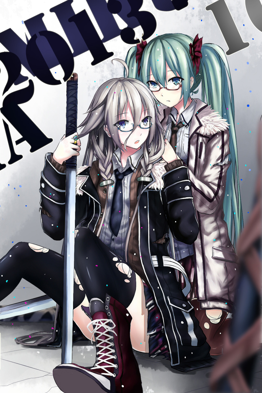 2girls, a5125924, boots, cross-laced_footwear, green_eyes, green_hair, hatsune_miku, highres