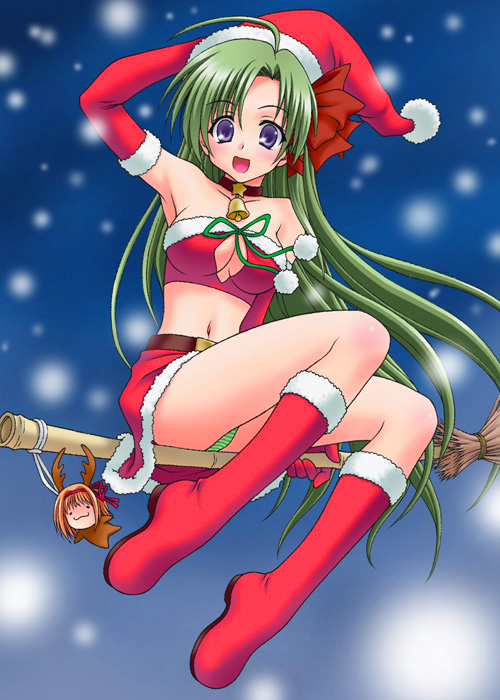 1girl, :d, ahoge, antlers, armpits, bamboo_broom, bare_shoulders, bell, bell_choker, blush, body_blush, boots, breasts, broom, broom_riding, character_doll, choker, cleavage, cleavage_cutout, collarbone, from_below, fuyou_kaede, green_hair, hair_ribbon, hat, long_hair, looking_at_viewer, midriff, navel, open_mouth, panties, pantyshot, peter_(artist), ribbon, santa_costume, santa_hat, shigure_asa, shuffle!, sidesaddle, smile, snow, solo_focus, striped, striped_panties, tress_ribbon, underwear, very_long_hair, violet_eyes
