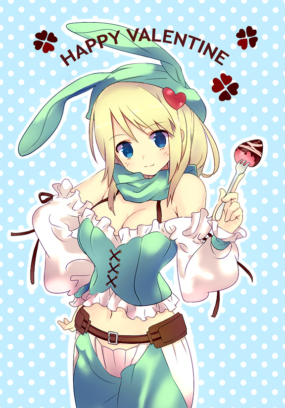 arutopian, blonde_hair, blue_eyes, bunny_ears, corset, food, fruit, hair_ornament, hairpin, hood, long_hair, rabbit_ears, ragnarok_online, ranger, ranger_(ragnarok_online), scarf, smile, solo, strawberry, valentine