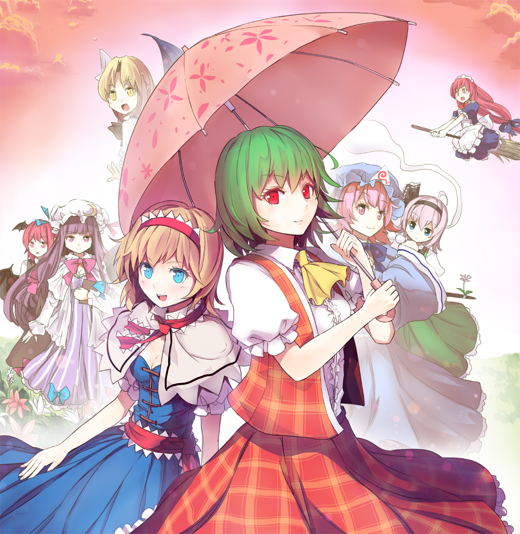 6+girls, alice_margatroid, apron, ascot, bat_wings, blonde_hair, blue_dress, blue_eyes