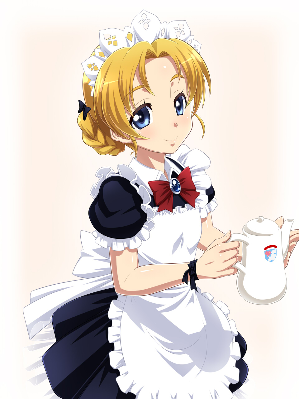 1girl, alternate_costume, apron, blonde_hair, blue_eyes, blush, bow, braid