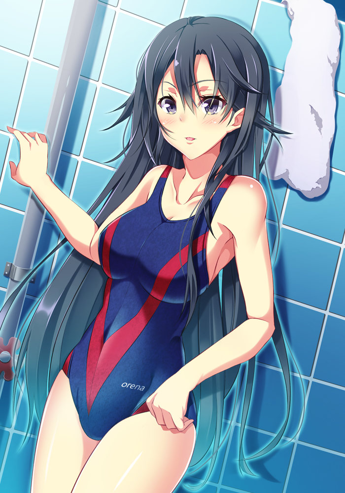 1girl, black_hair, blush, breasts, hiratsuka_shizuka, kazeoto_kirito, long_hair, one-piece_swimsuit