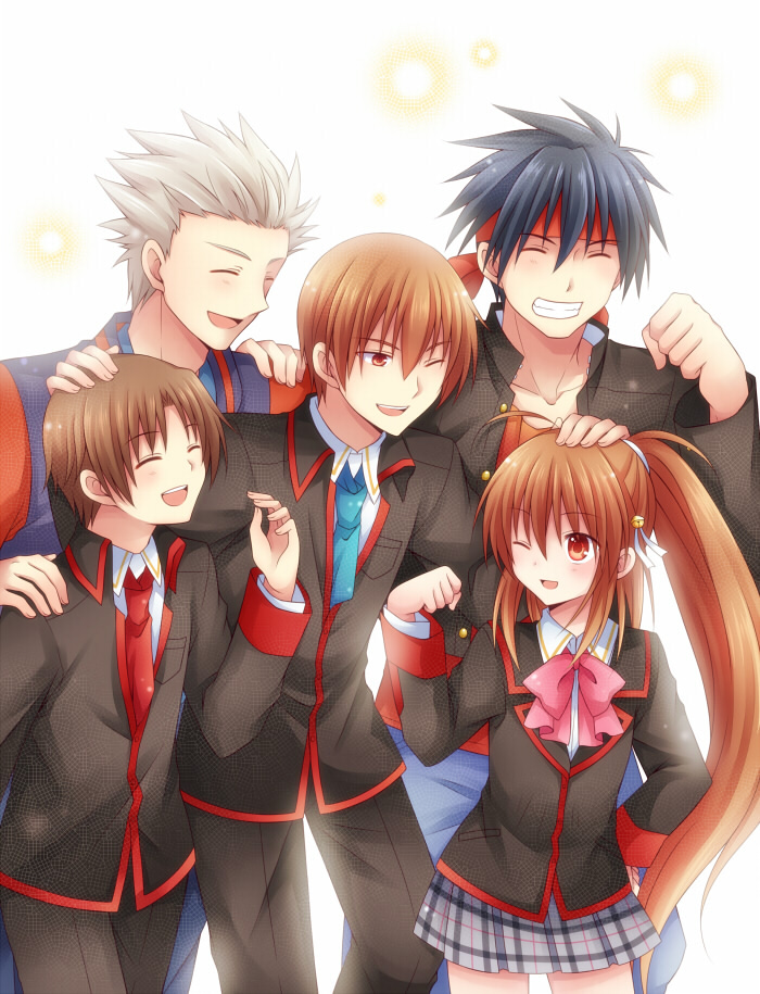 1girl, 4boys, black_hair, brown_hair, closed_eyes, inohara_masato, little_busters!!, long_hair