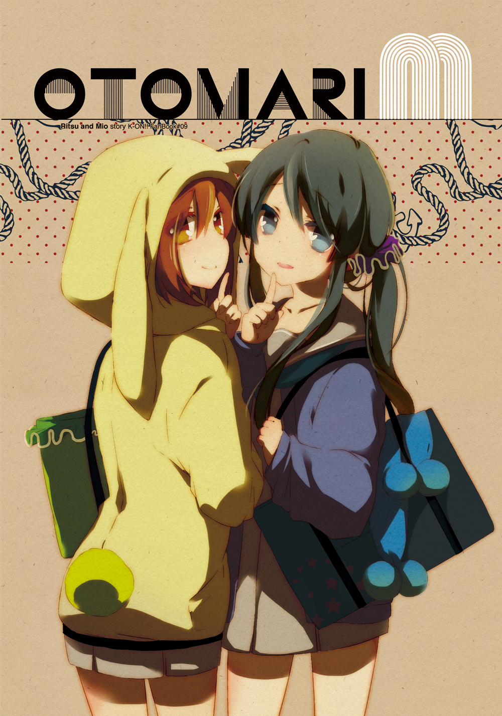 2girls, akiyama_mio, animal_ears, animal_hood, bag, black_eyes, black_hair, brown_eyes, brown_hair, bunny_tail, casual, haruna_mahiru, highres, hood, hoodie, k-on!, long_hair, multiple_girls, rabbit_ears, short_hair, tail, tainaka_ritsu