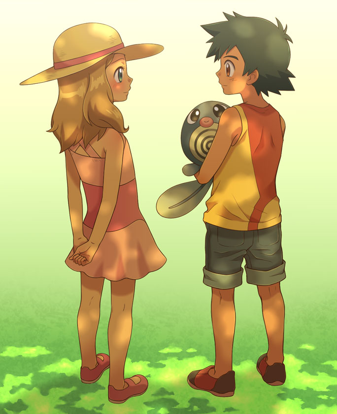 1boy, 1girl, arms_behind_back, ash_ketchum_(pokemon), black_hair, blonde_hair, blue_eyes, brown_eyes