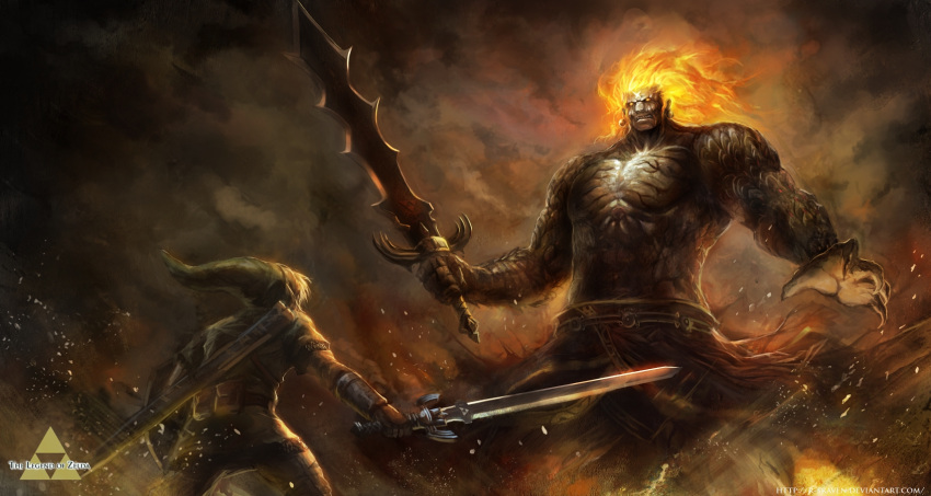 2boys, battle, belt, blonde_hair, copyright_name, demise, demon, fire