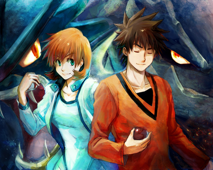 1boy, 1girl, brock_(pokemon), brown_hair, closed_eyes, gen_1_pokemon, gen_2_pokemon, green_eyes