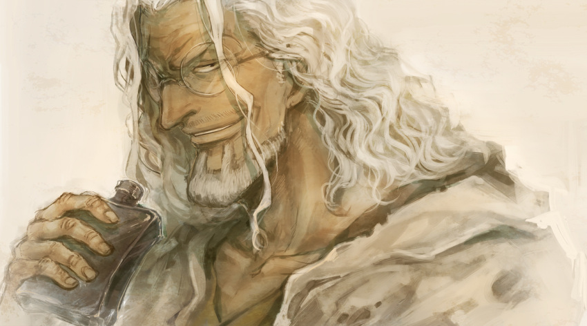 1boy, beard, black_eyes, drinking, facial_hair, glasses, grey_hair, happy