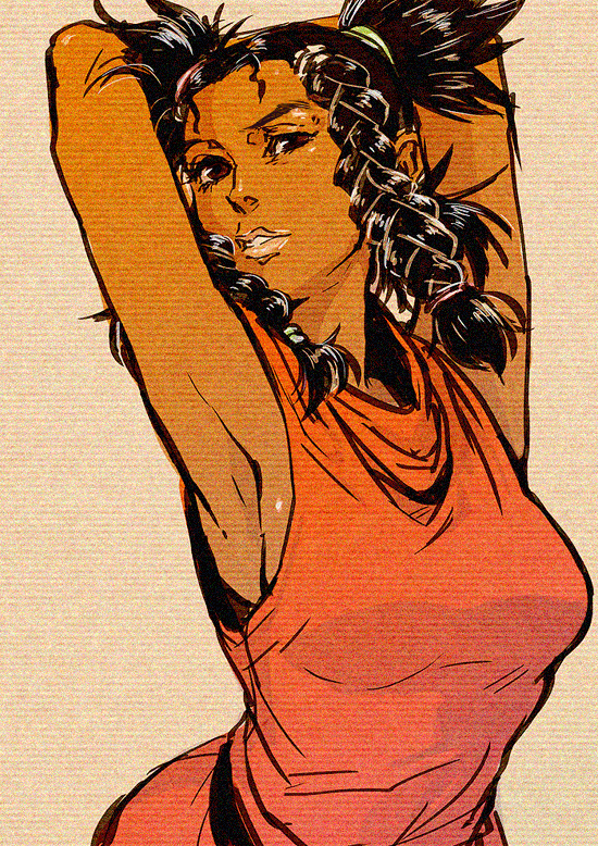 1girl, armpits, arms_behind_head, black_hair, braid, brown_eyes, dark_skin, lips