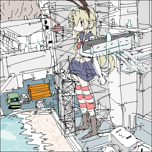 1girl, beach, black_bow, blonde_hair, boots, bow, crane, dock
