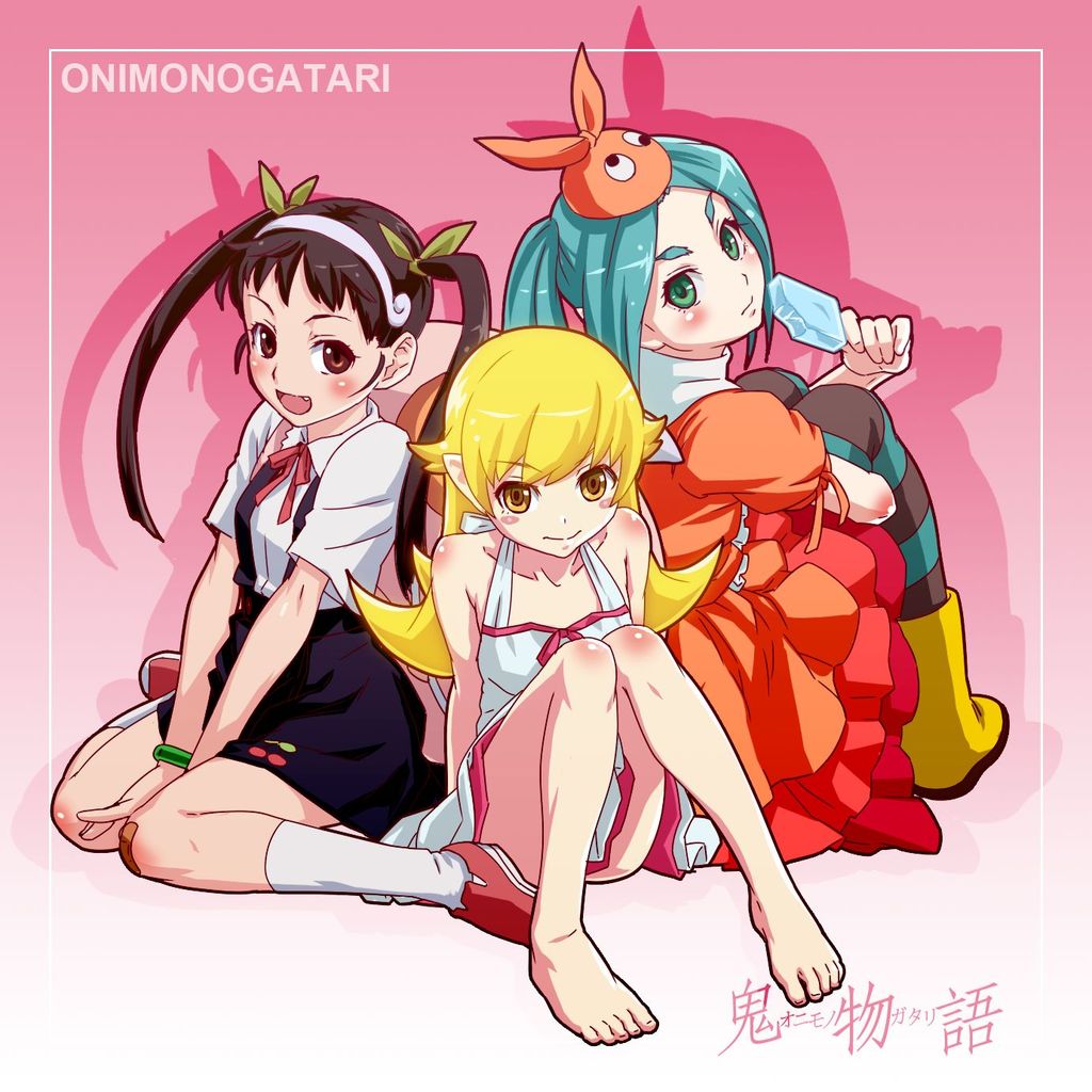 3girls, aqua_hair, barefoot, black_hair, blonde_hair, blush_stickers, brown_eyes, eyebrows
