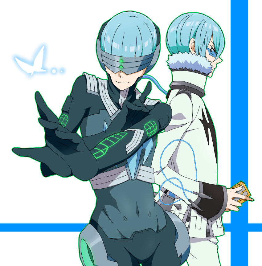 2boys, absurdres, blue_hair, bodysuit, butterfly, dual_persona, glasses, highres, inumuta_houka, kill_la_kill, mimoza, multiple_boys, probe_regailia, uniform
