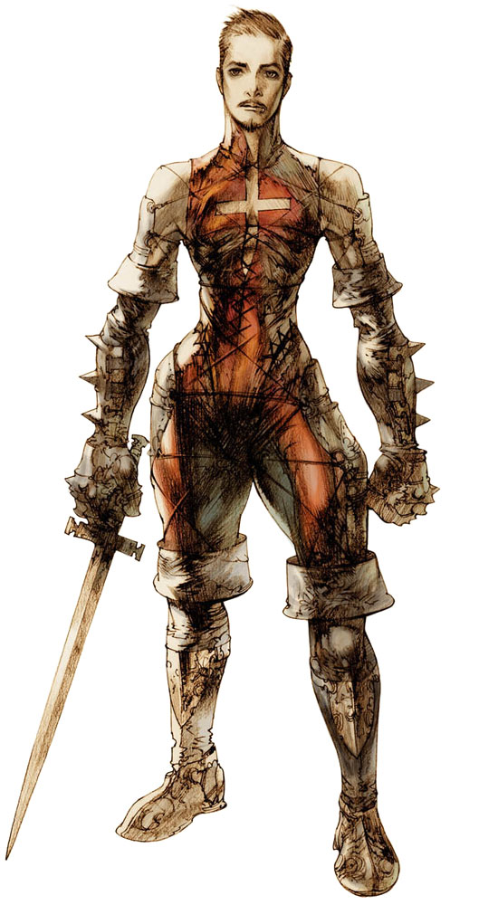armor, facial_hair, jan_rosencrantz, mustache, solo, sword, vagrant_story, weapon