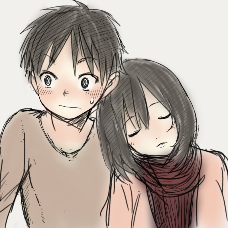 1boy, 1girl, black_hair, blush, eren_jaeger, jubigamura, leaning_on_person, line_shading, looking_away, mikasa_ackerman, nervous, scarf, shingeki_no_kyojin, short_hair, simple_background, sketch, sleeping, sweatdrop, white_background