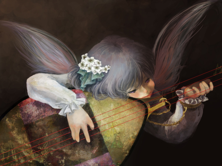1girl, angel_wings, biwa_lute, black_background, blue_hair, chain, eyelashes, fine_art_parody, flower, hair_flower, hair_ornament, head_rest, instrument, lips, long_sleeves, lute_(instrument), musician_angel, parody, ru-moiikedoraisumone, short_hair, simple_background, solo, touhou, tsukumo_benben, violet_eyes, wings