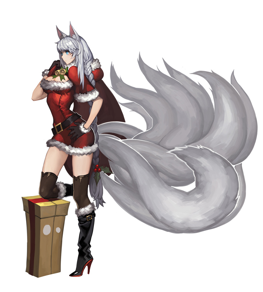 1girl, ahri, alternate_color, alternate_costume, animal_ears, blue_eyes, boots, box