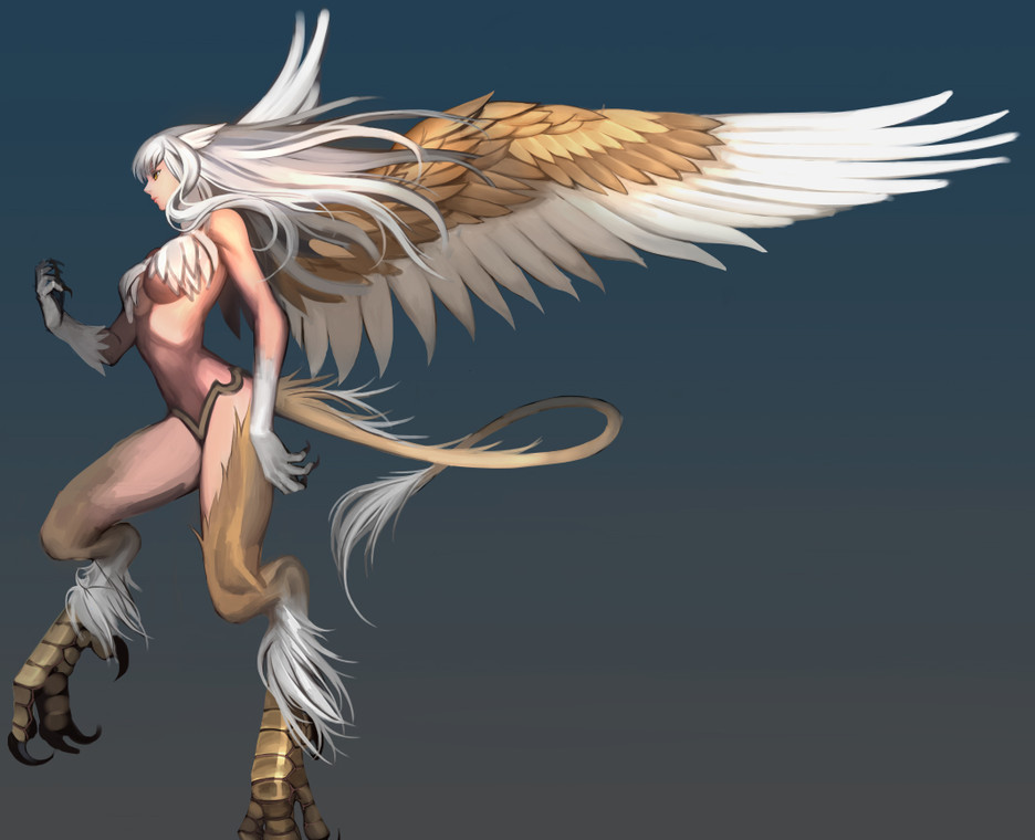 1girl, breasts, brown_eyes, feathered_wings, fingernails, griffin, head_wings, long_hair