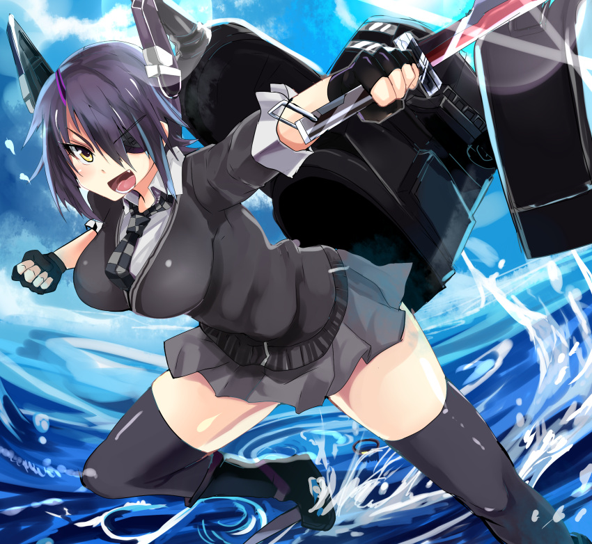 1girl, bang, black_legwear, blue_sky, blush, boots, breasts, cardigan