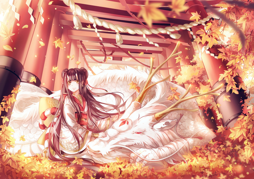 antlers, autumn, bow, brown_eyes, brown_hair, double_bun, dragon, earrings
