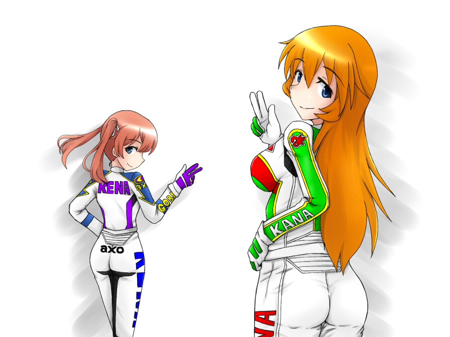 2girls, alternate_costume, back, breasts, charlotte_e_yeager, cosplay, francie_gerard, gloves