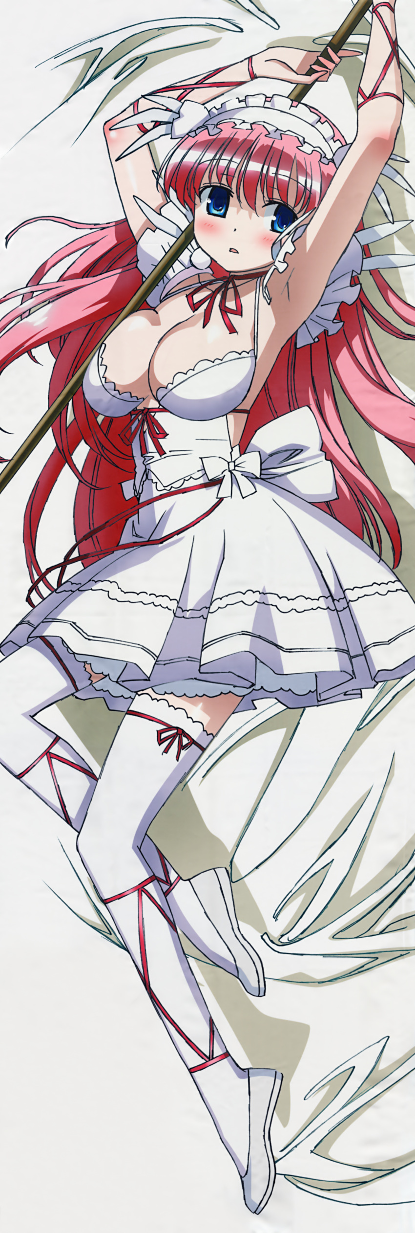 1girl, absurdres, armpits, arms_up, artist_request, blue_eyes, breasts, cleavage