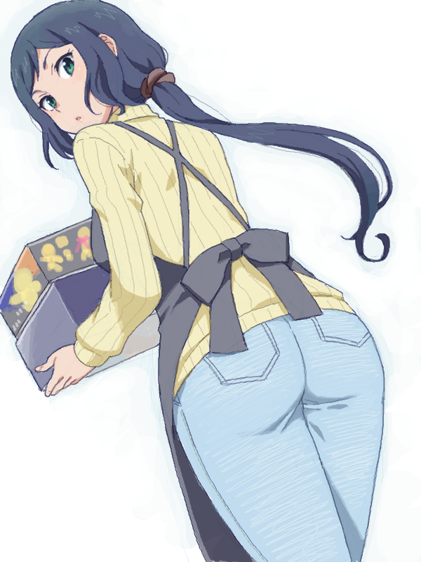 1girl, apron, ass, box, drawr, from_behind, gundam, gundam_build_fighters, holding, iori_rinko, jeans, looking_back, low_ponytail, mattaku_mousuke, parted_lips, ribbed_sweater, solo, sweater, turtleneck