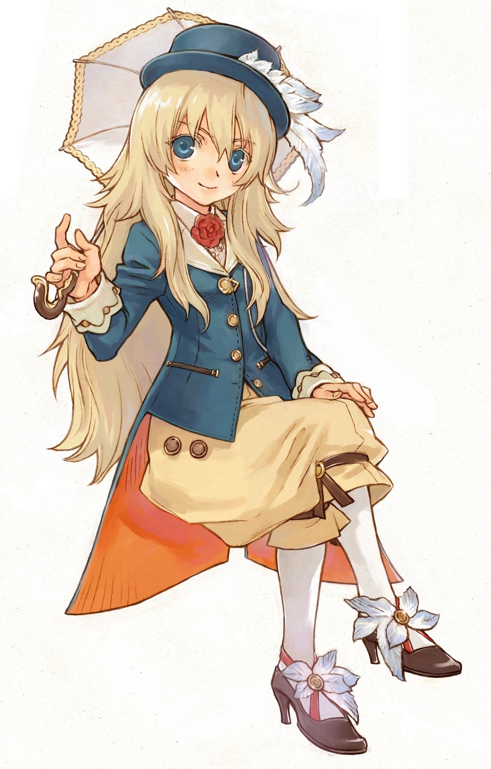 blonde_hair, blue_eyes, coat, feathers, hat, highres, long_hair, rune_factory