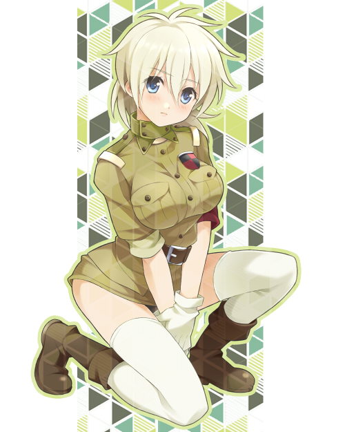 1girl, blonde_hair, blue_eyes, boots, breasts, hellsing, large_breasts, looking_at_viewer, nagijin, seras_victoria, short_hair, solo, thighhighs, uniform, white_legwear
