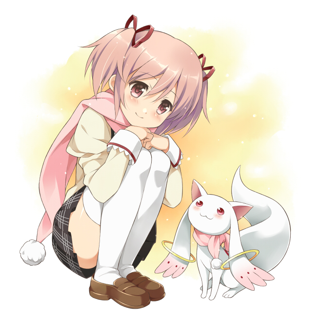 1girl, :3, hair_ornament, hair_ribbon, happy, kaname_madoka, kyubey, long_hair, looking_at_viewer, mahou_shoujo_madoka_magica, nagijin, pink_eyes, pink_hair, ribbon, scarf, school_uniform, serafuku, shirt, shoes, sitting, skirt, smile, solo, thighhighs, twintails, white_background, white_legwear