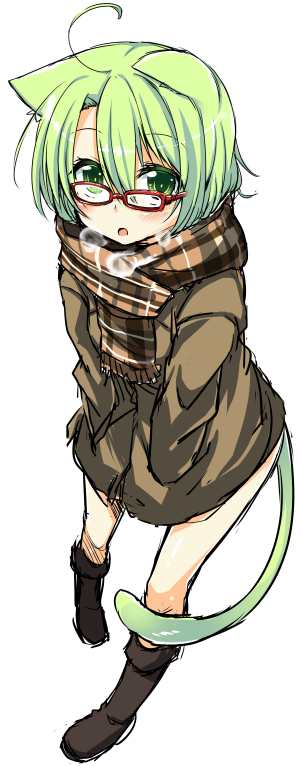 1girl, animal_ears, cat_ears, cat_tail, dodome-iro_mayonnaise, glasses, green_eyes, green_hair, original, scarf, sharon_(dodomayo), short_hair, solo, tail