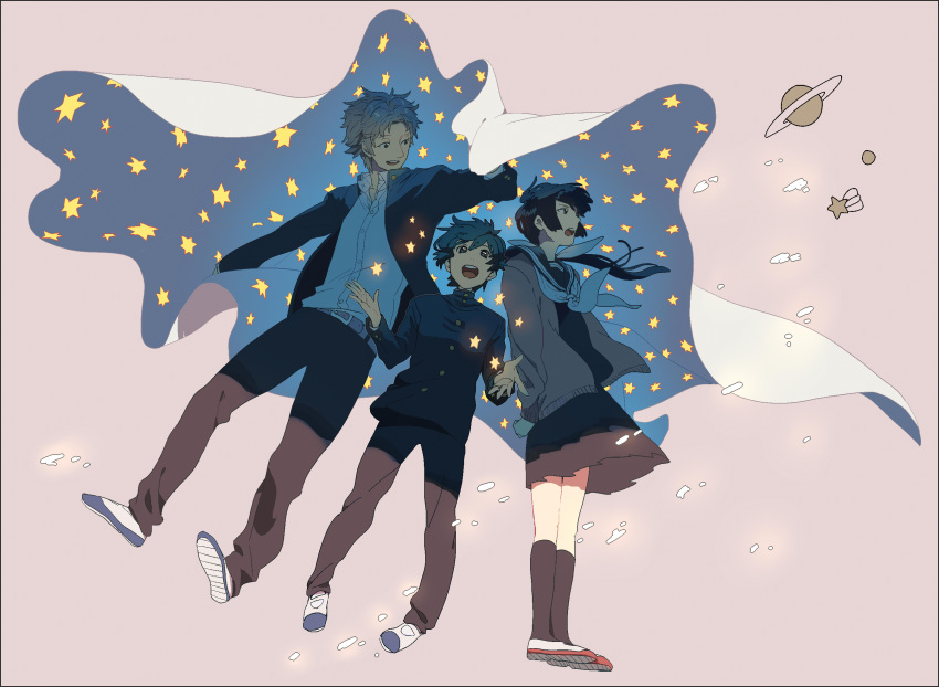 1girl, 2boys, aoi_yutaka, black_hair, gabu_kichi, gakuran, highres, long_hair, machiya_midori, multiple_boys, school_uniform, serafuku, short_hair, shounen_note, star, tomo_tomoya