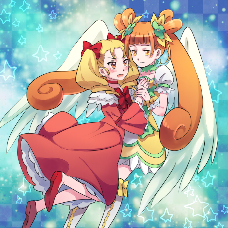 2girls, :o, angel_wings, blonde_hair, blue_background, boots, bow, brown_eyes