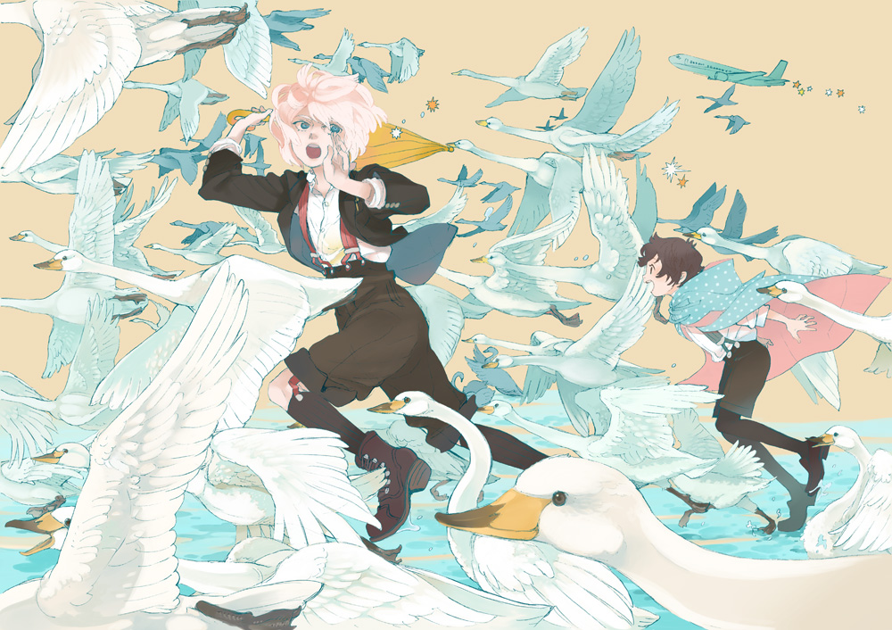 2boys, aoi_yutaka, bird, black_hair, blue_eyes, cape, kamatani_yuuki, multiple_boys, pink_hair, shounen_note, swan, umbrella, vladimir_popov