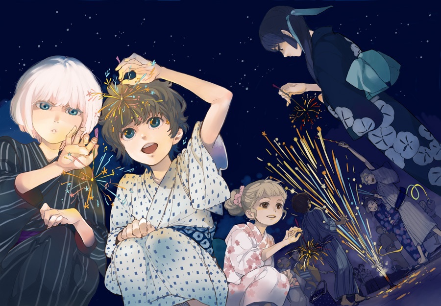 2boys, 2girls, aoi_yutaka, blue_hair, brown_hair, fireworks, ise_mariko, japanese_clothes