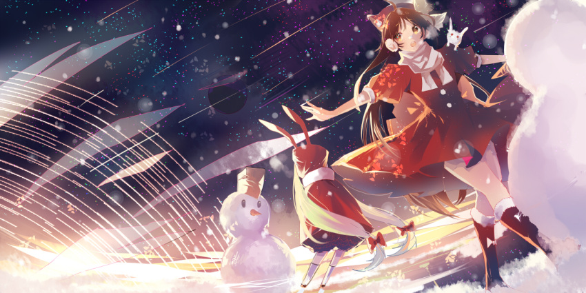 2girls, blonde_hair, boots, brown_hair, earmuffs, hanaka, hat, long_hair