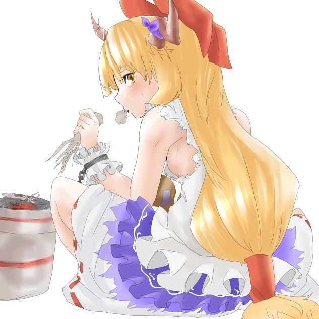 1girl, blonde_hair, blush, bow, breasts, eating, gourd, grill, grilling, hair_bow, horn_ribbon, horns, ibuki_suika, long_hair, looking_at_viewer, looking_back, low-tied_long_hair, ribbon, shirt, sideboob, simple_background, sitting, skirt, sleeveless, sleeveless_shirt, small_breasts, solo, somsom, squid, touhou, turning, very_long_hair, white_background, wrist_cuffs, yellow_eyes