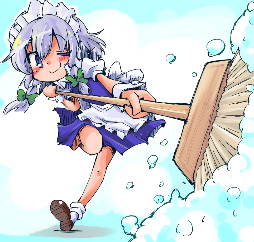 1girl, apron, blue_dress, blue_eyes, braid, broom, cleaning, dress