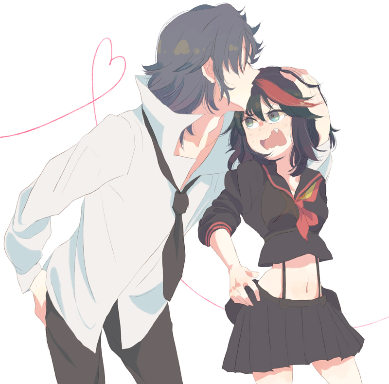 1boy, 1girl, black_hair, blue_eyes, blue_hair, blush, chokuboron_ryou, kill_la_kill