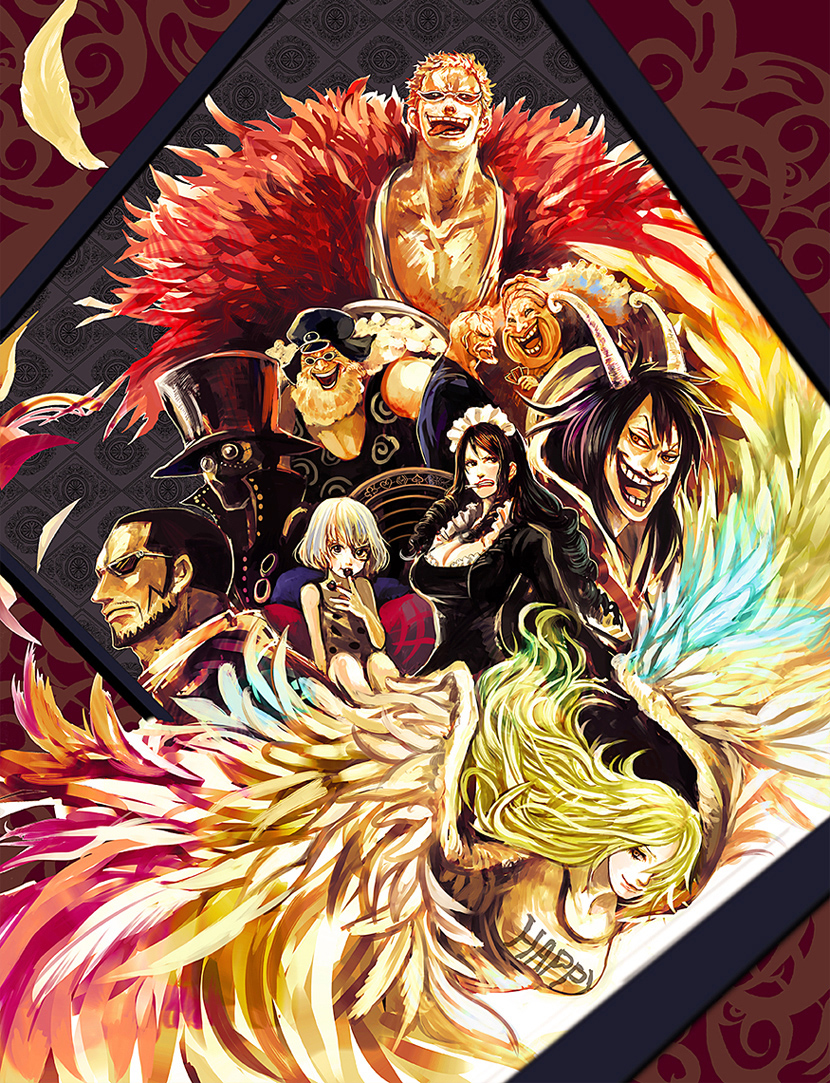 4girls, 6+girls, baby_5, black_hair, blue_hair, caesar_clown, donquixote_doflamingo, everyone