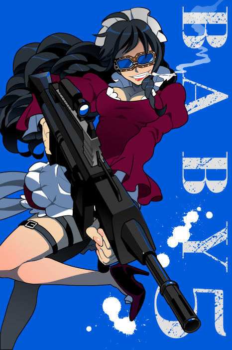 1girl, apron, baby_5, black_hair, blue_background, character_name, cigarette, dress, goggles, grin, gun, heri_(azame), high_heels, long_hair, maid, maid_headdress, one_piece, shoes, smile, smoking, solo, waist_apron, weapon