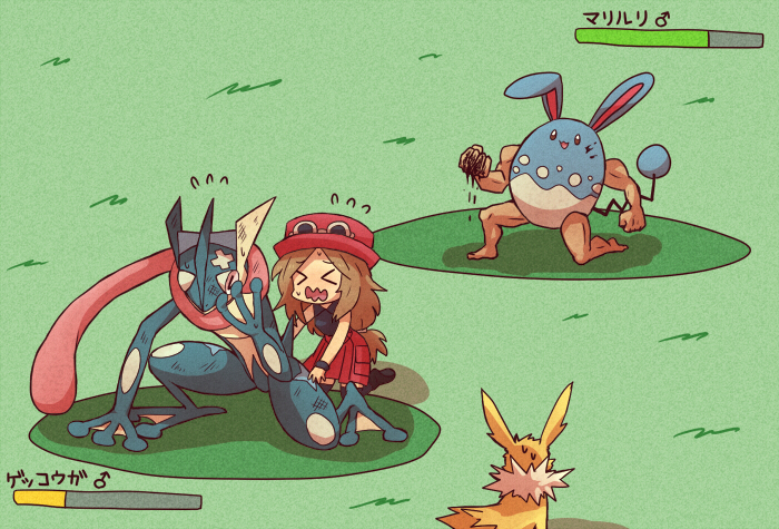 >_<, 1girl, azumarill, black_legwear, blonde_hair, greninja, hat, jolteon