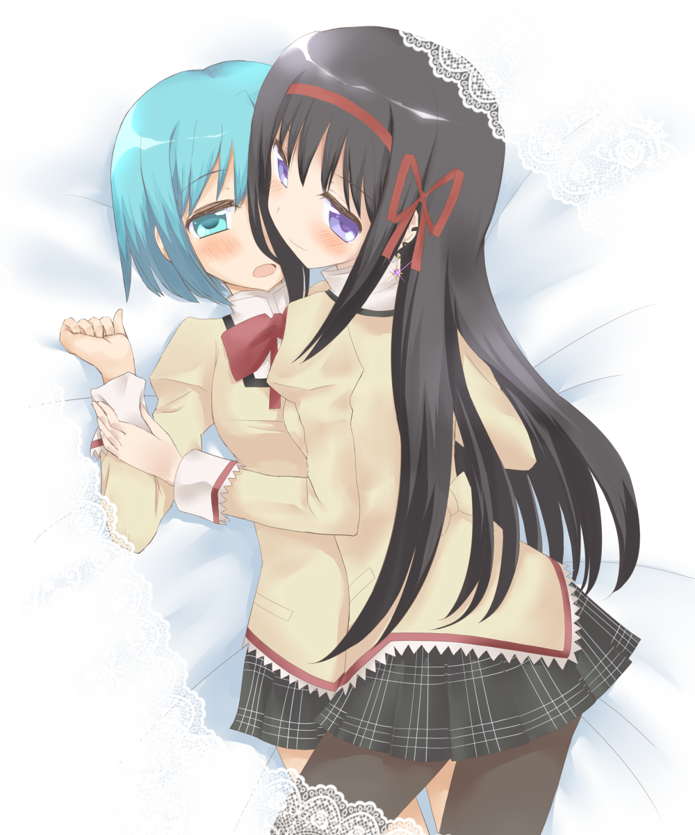 2girls, akemi_homura, black_hair, black_legwear, blue_eyes, blue_hair, blush, earrings