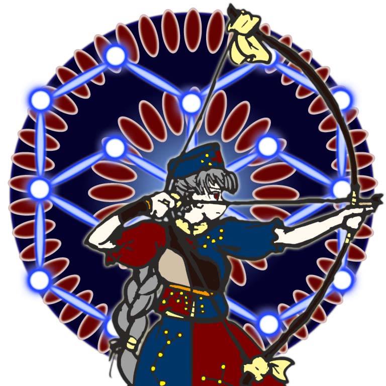 1girl, arrow, bangs, bow_(weapon), braid, colored_eyelashes, constellation, danmaku