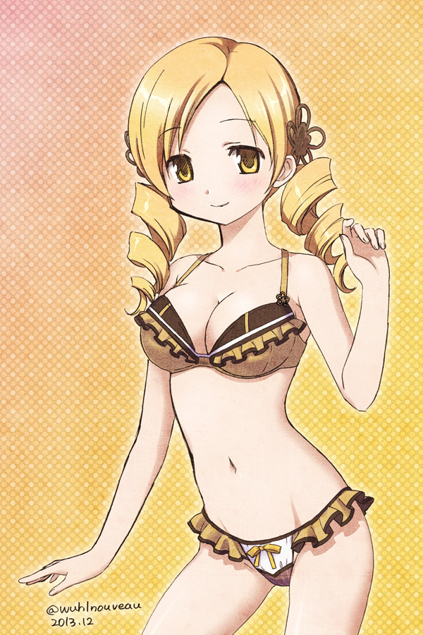 1girl, blonde_hair, bra, breasts, cleavage, dated, drill_hair, hair_ornament