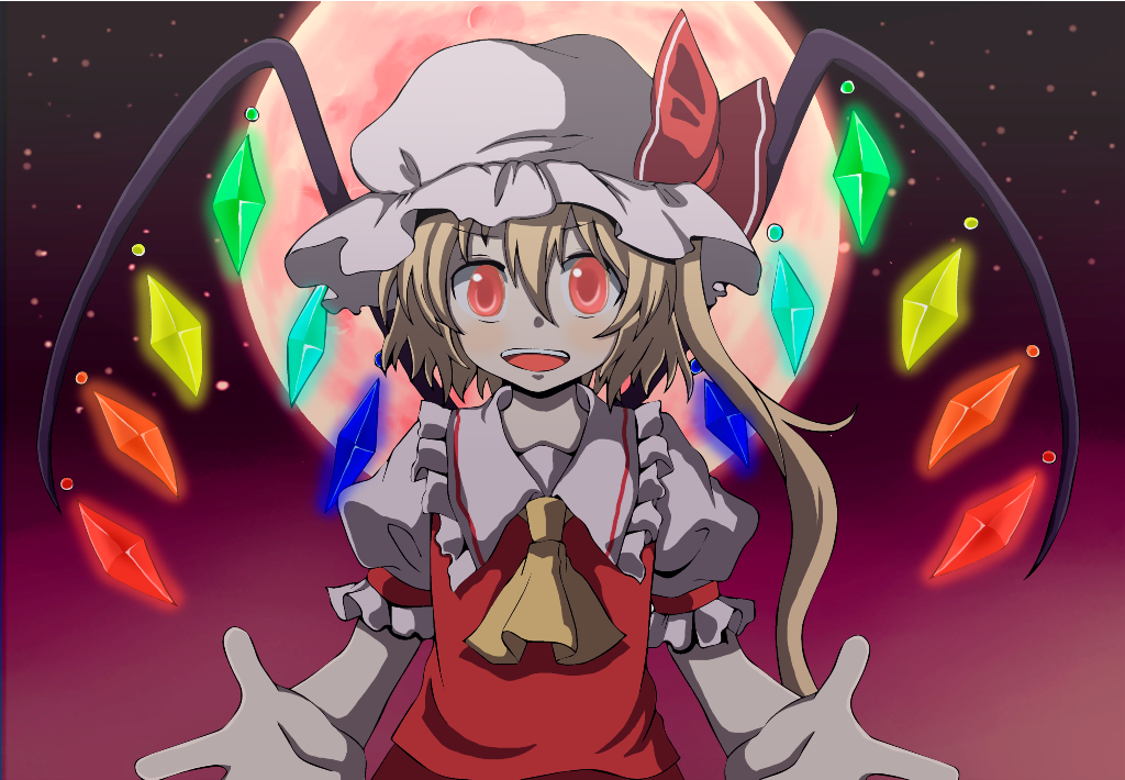 1girl, blonde_hair, flandre_scarlet, full_moon, hat, moon, open_mouth, red_eyes