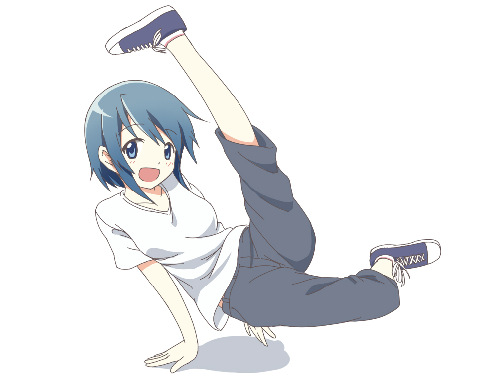 1girl, :d, blue_eyes, blue_hair, breakdance, casual, converse, mahou_shoujo_madoka_magica