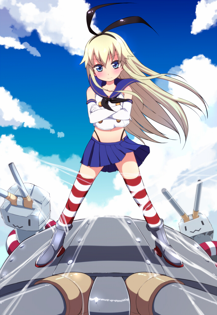 blonde_hair, blue_eyes, blush, boots, clouds, crossed_arms, elbow_gloves, ereraero